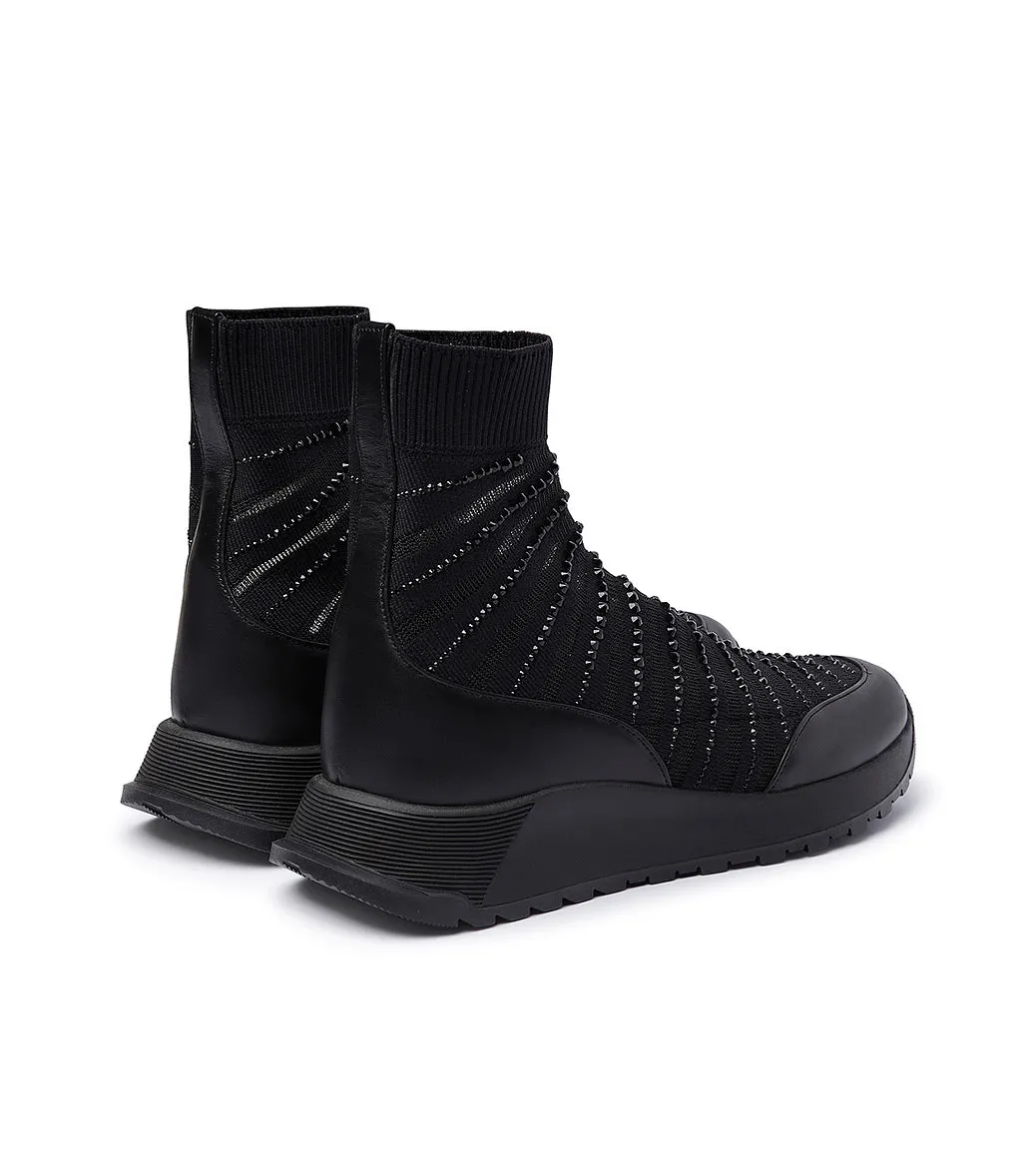 Rhinestoned Black stretch fabric sock sneaker