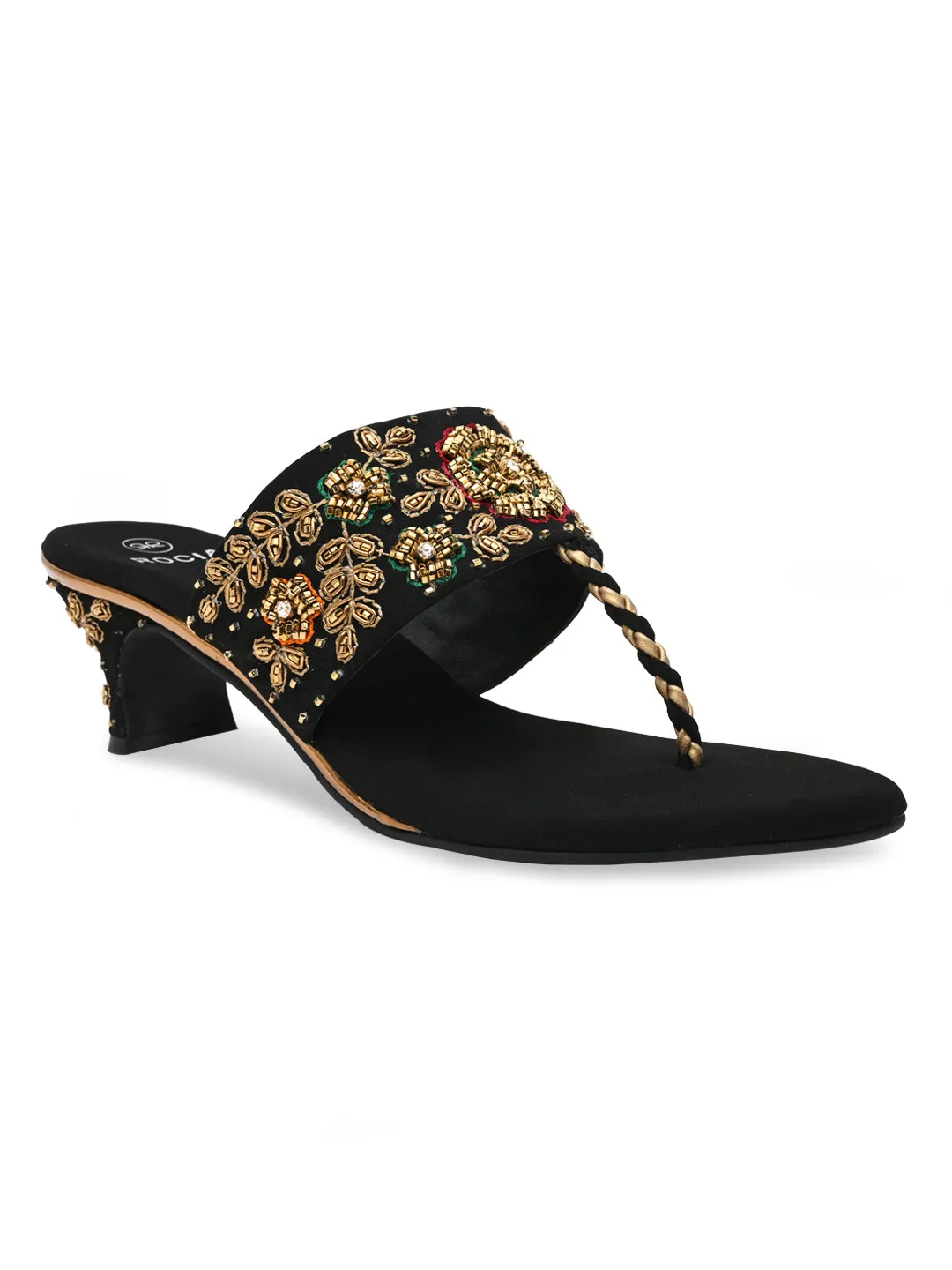 Rocia By Regal Black Women Hand Embroidered Velvet Sandals