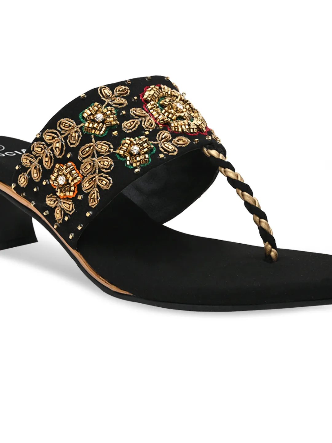 Rocia By Regal Black Women Hand Embroidered Velvet Sandals