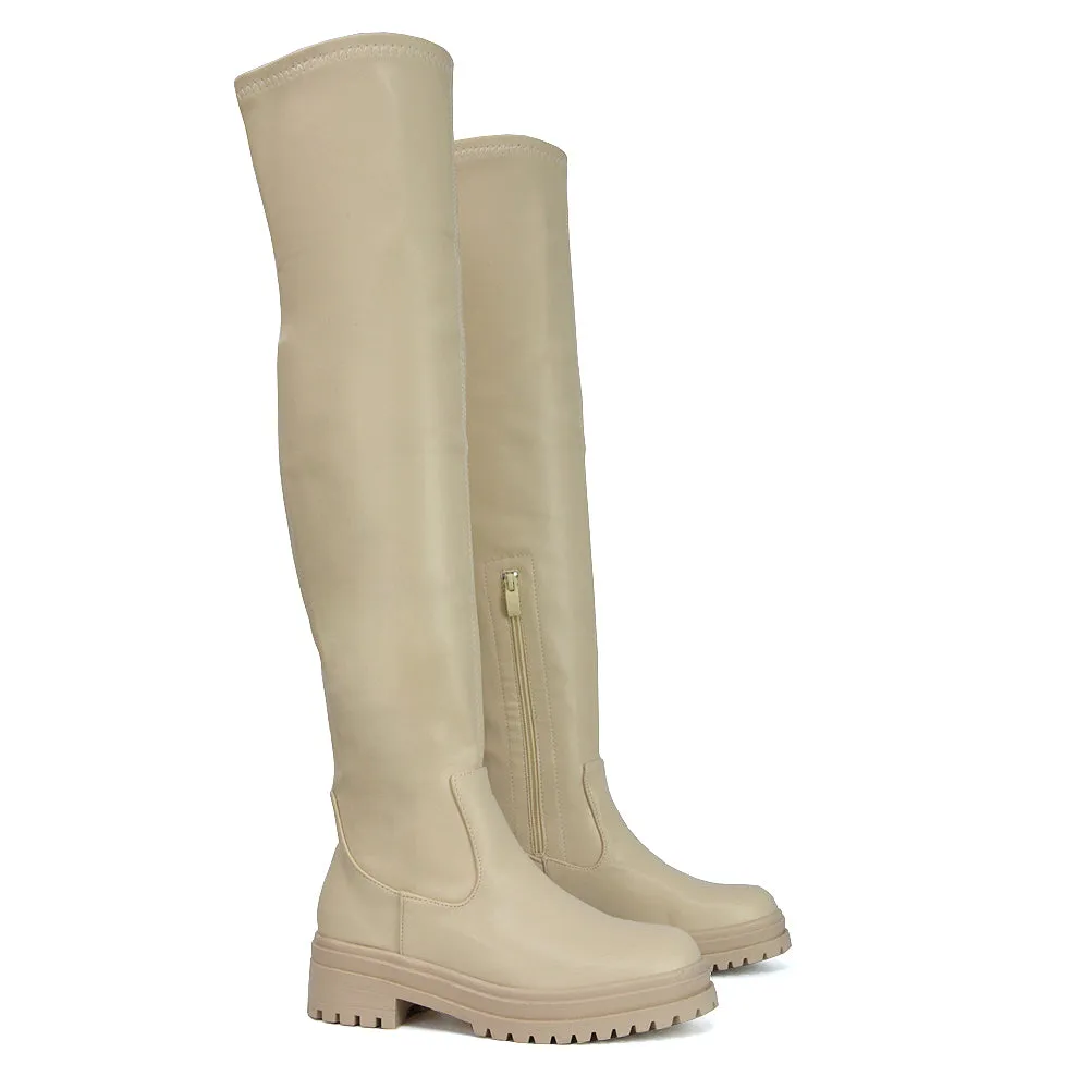 Rosalia Flat Chunky Sole Over the Knee Thigh High Long Boots in Brown Synthetic Leather