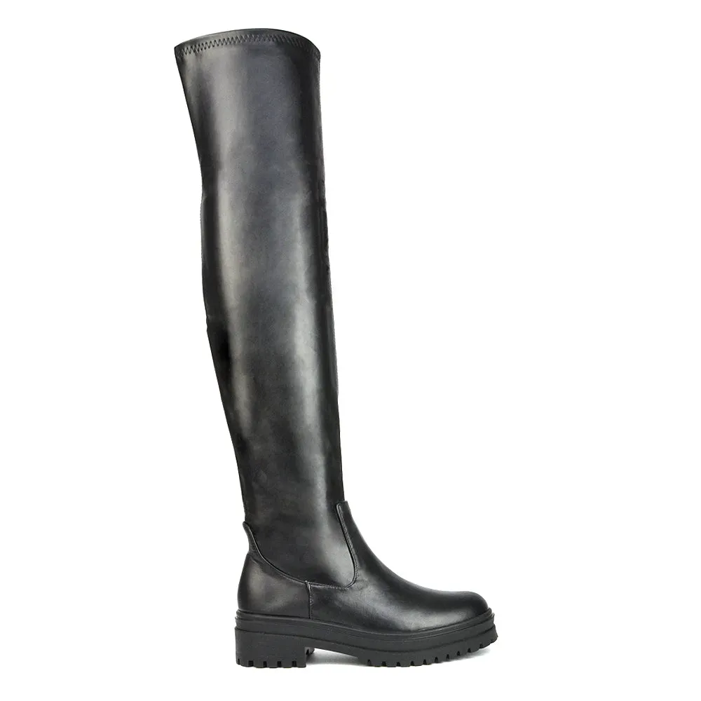 Rosalia Flat Chunky Sole Over the Knee Thigh High Long Boots in Brown Synthetic Leather
