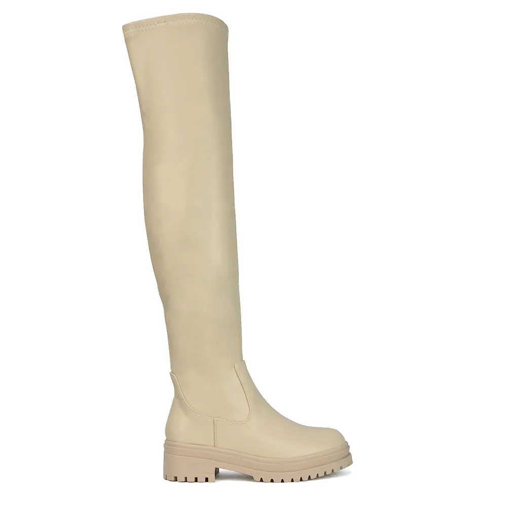 Rosalia Flat Chunky Sole Over the Knee Thigh High Long Boots in Brown Synthetic Leather