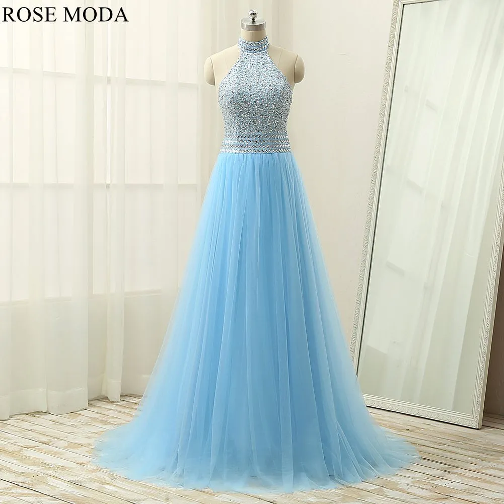 Rosemoda Halter Beaded Blue A Line Prom Dress