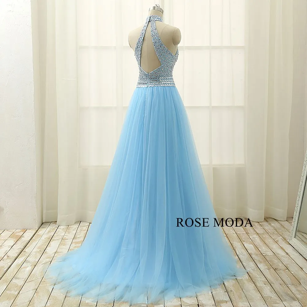 Rosemoda Halter Beaded Blue A Line Prom Dress