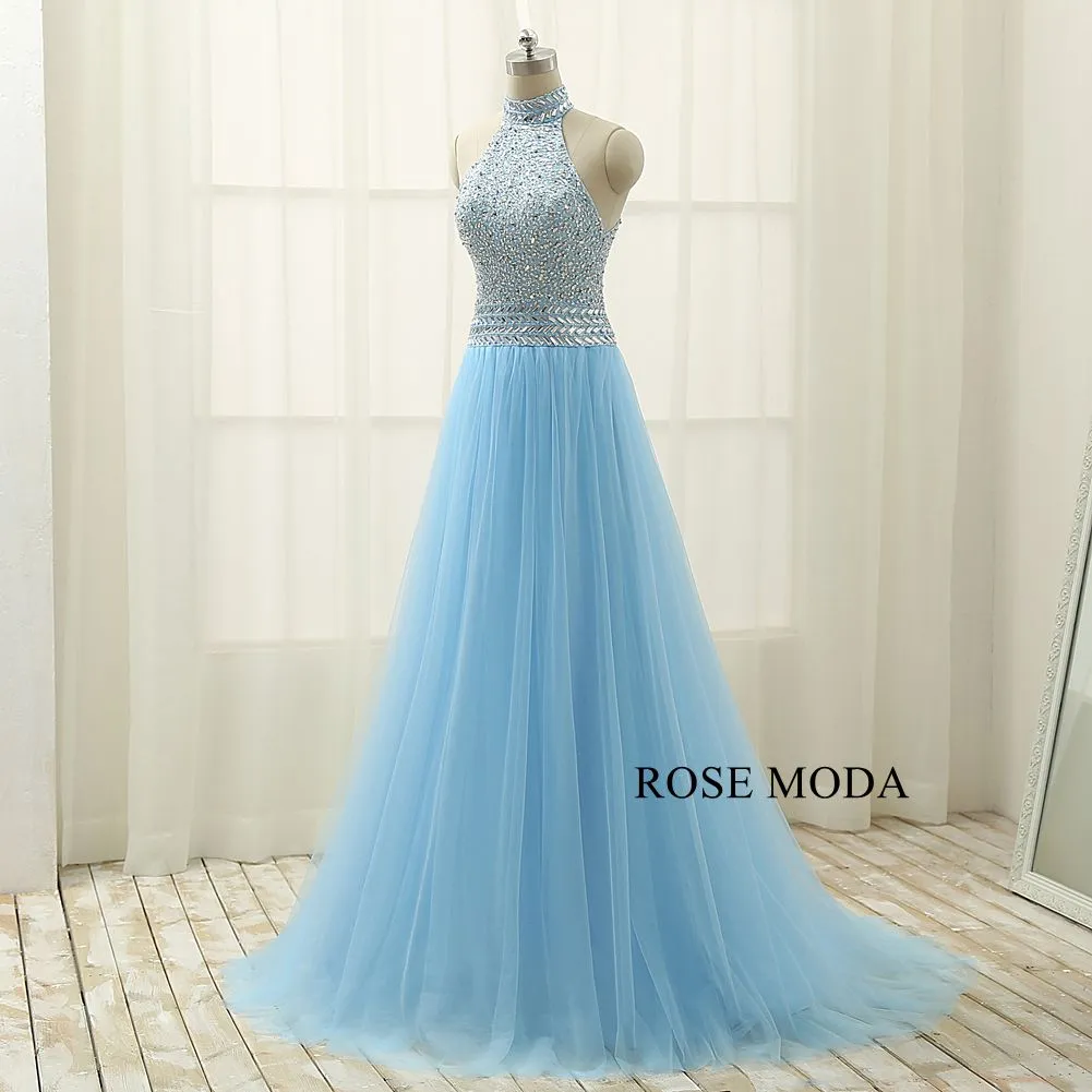 Rosemoda Halter Beaded Blue A Line Prom Dress