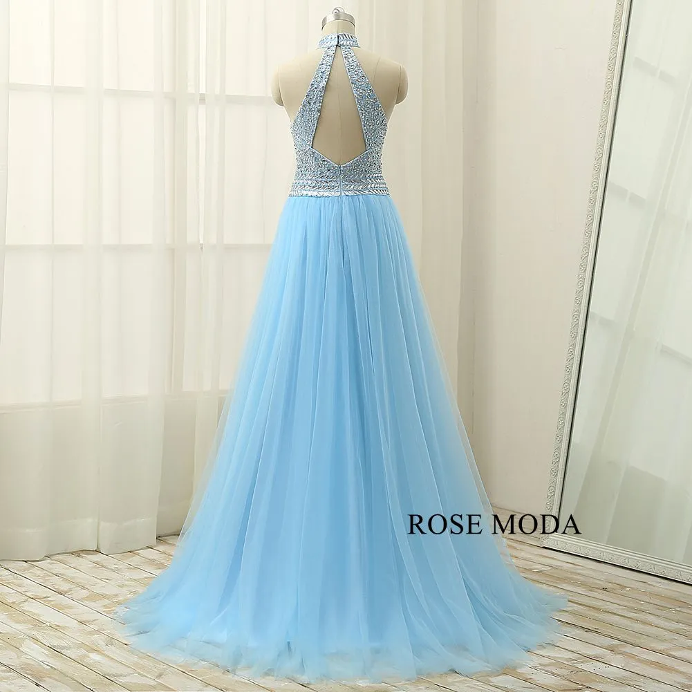 Rosemoda Halter Beaded Blue A Line Prom Dress