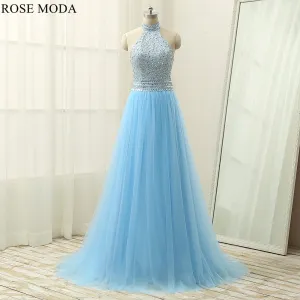 Rosemoda Halter Beaded Blue A Line Prom Dress