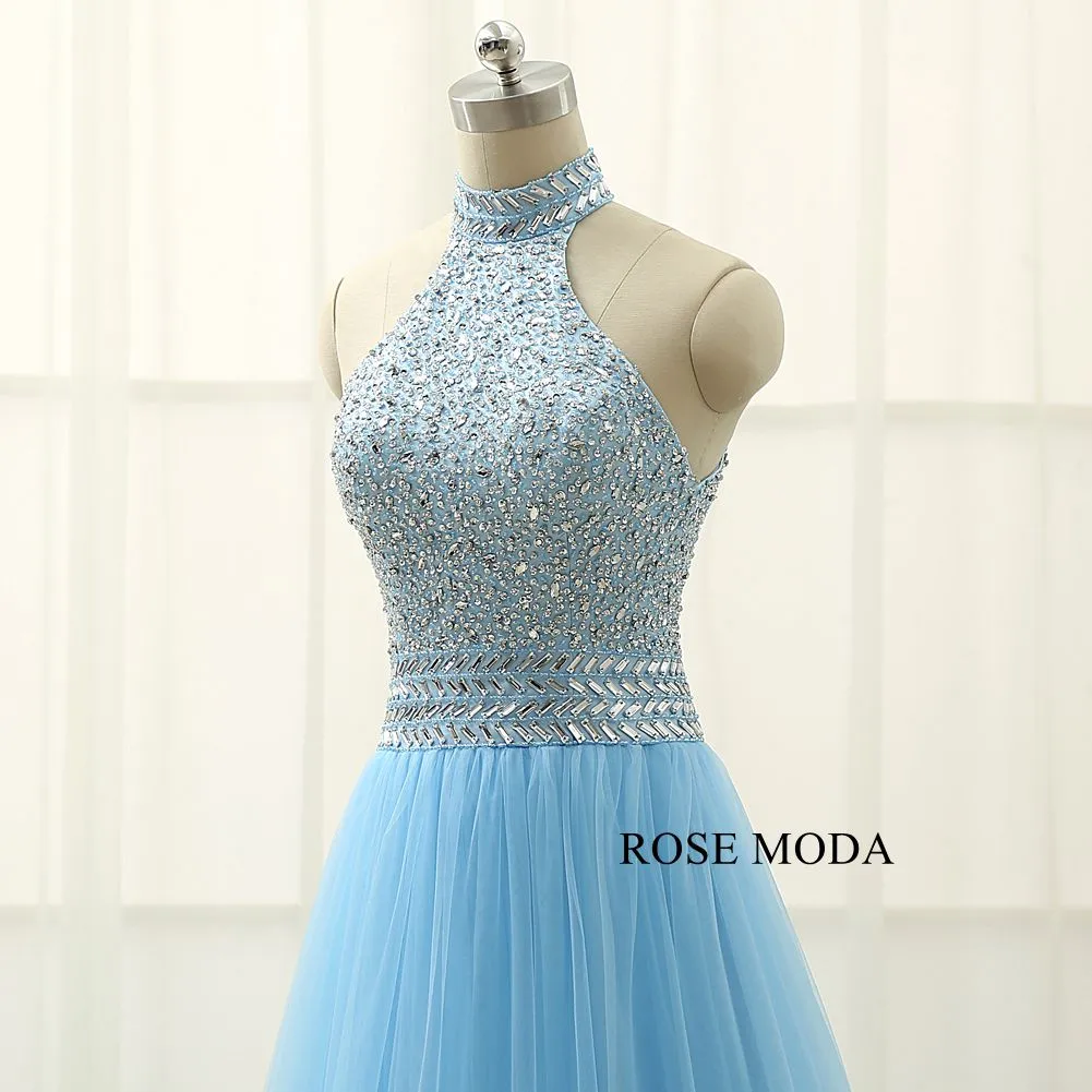 Rosemoda Halter Beaded Blue A Line Prom Dress