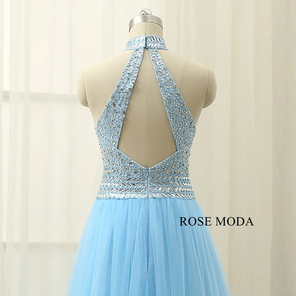 Rosemoda Halter Beaded Blue A Line Prom Dress