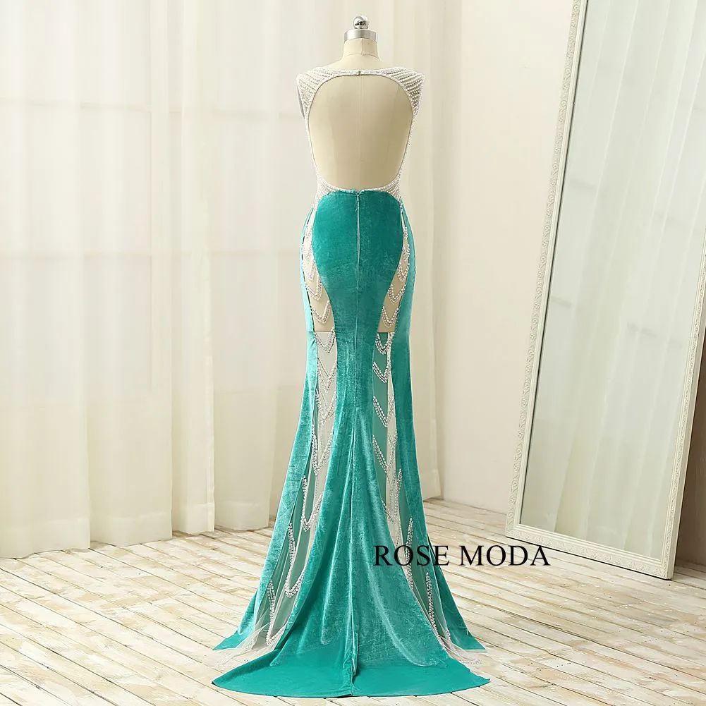 Rosemoda Illusion Crystal Velvet Sheath Women Long Evening Dress