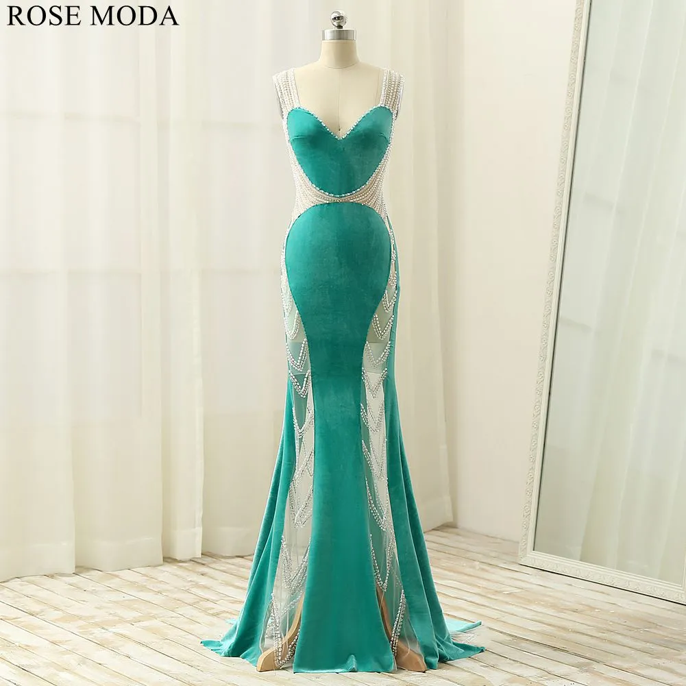 Rosemoda Illusion Crystal Velvet Sheath Women Long Evening Dress