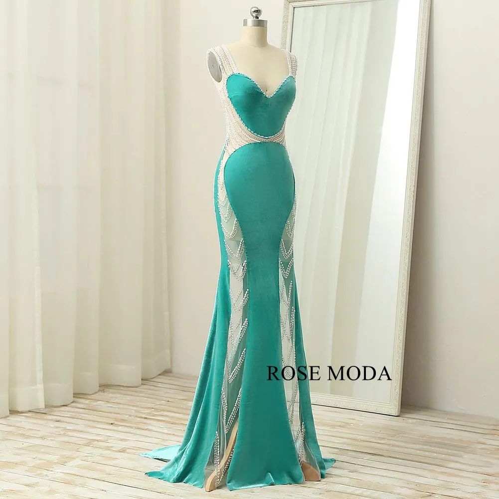 Rosemoda Illusion Crystal Velvet Sheath Women Long Evening Dress