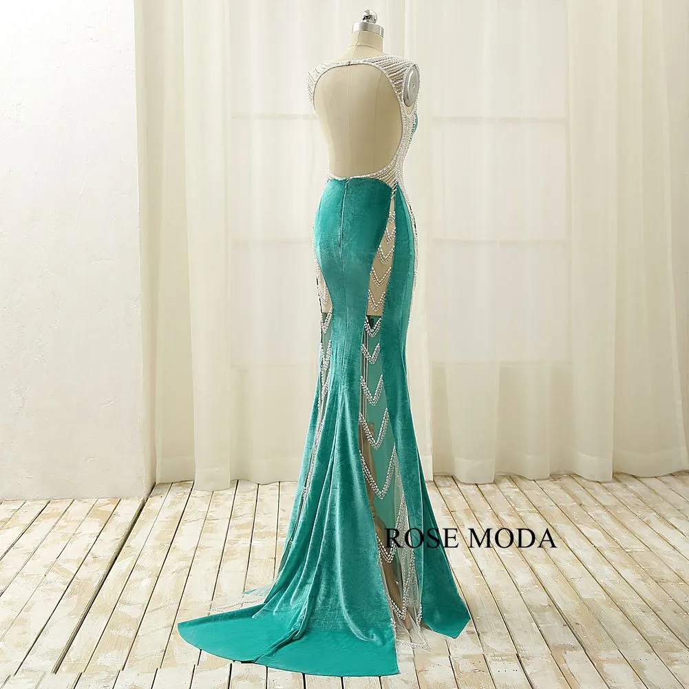 Rosemoda Illusion Crystal Velvet Sheath Women Long Evening Dress