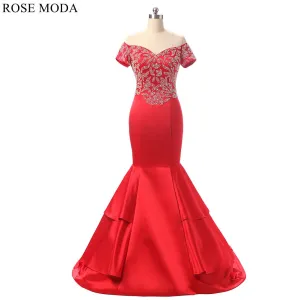 Rosemoda Red Long Beaded Satin Trumpet Evening Dress