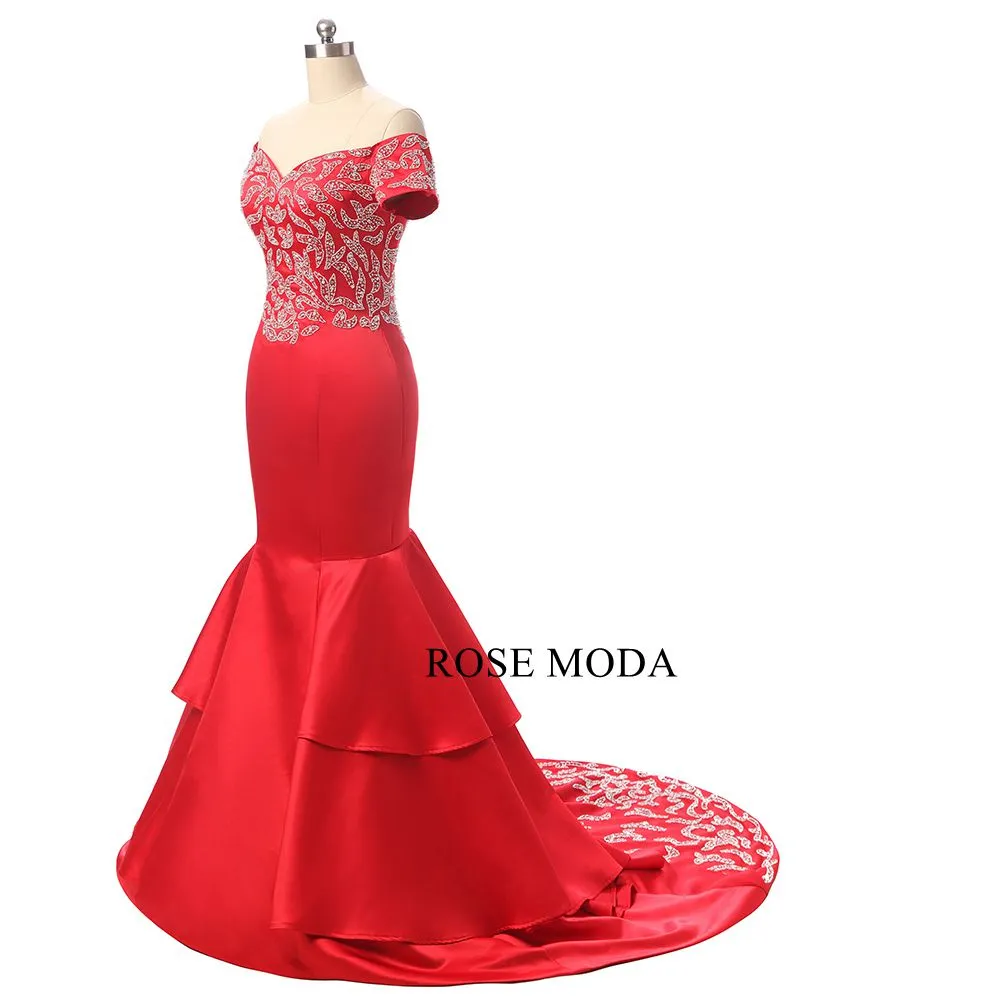 Rosemoda Red Long Beaded Satin Trumpet Evening Dress