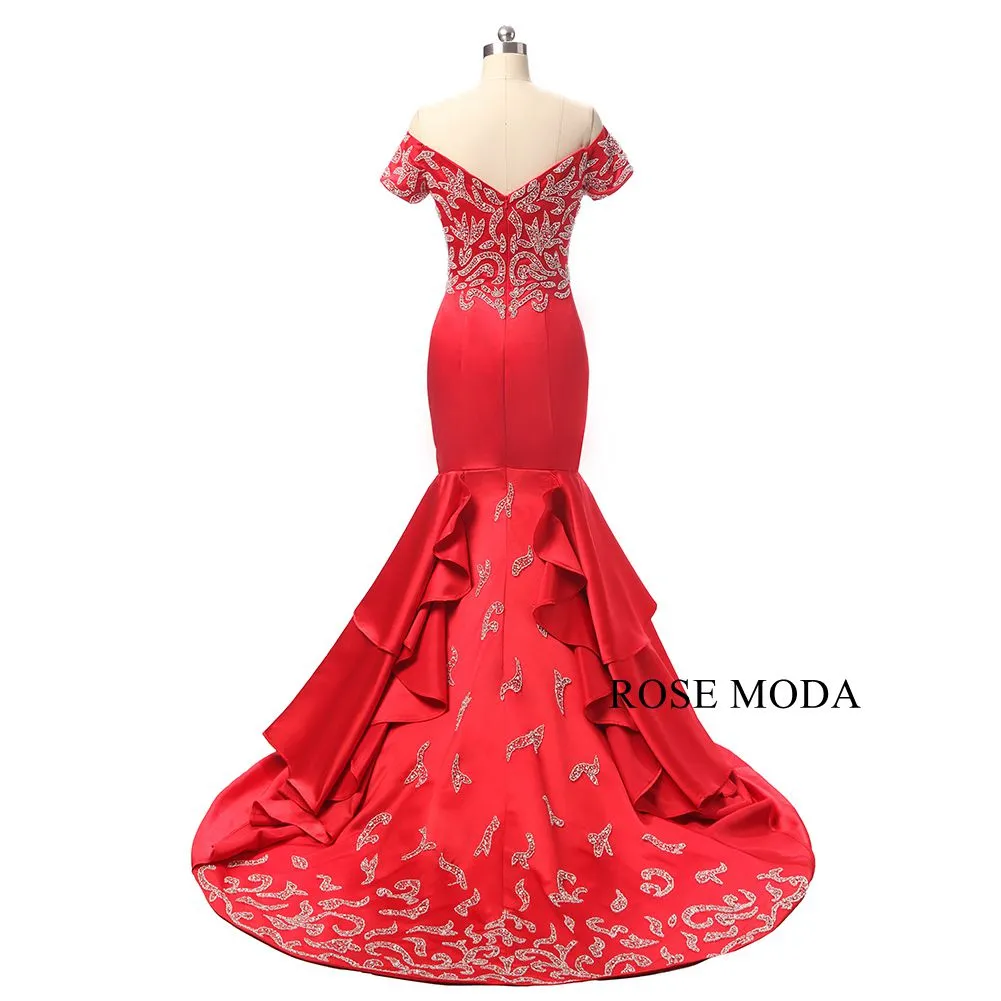 Rosemoda Red Long Beaded Satin Trumpet Evening Dress