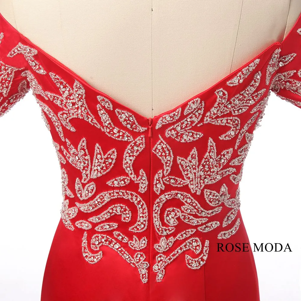 Rosemoda Red Long Beaded Satin Trumpet Evening Dress