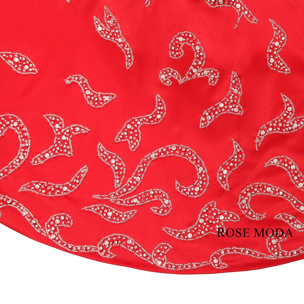 Rosemoda Red Long Beaded Satin Trumpet Evening Dress