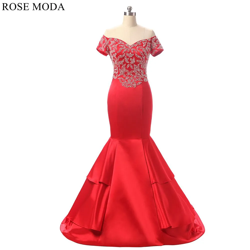 Rosemoda Red Long Beaded Satin Trumpet Evening Dress
