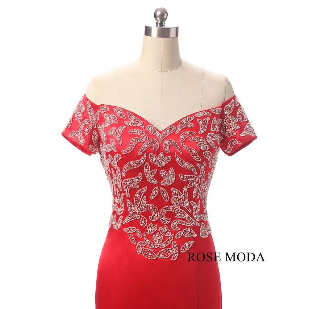 Rosemoda Red Long Beaded Satin Trumpet Evening Dress