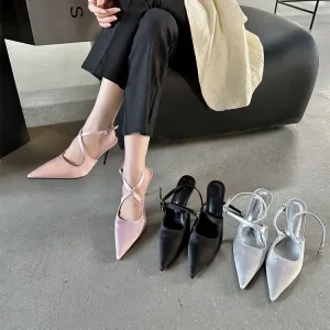 Satin Pointed Toe Adjustable Ankle Cross Strap High Heels