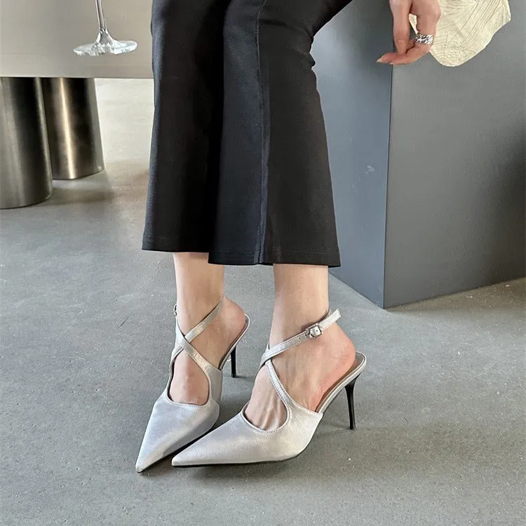 Satin Pointed Toe Adjustable Ankle Cross Strap High Heels