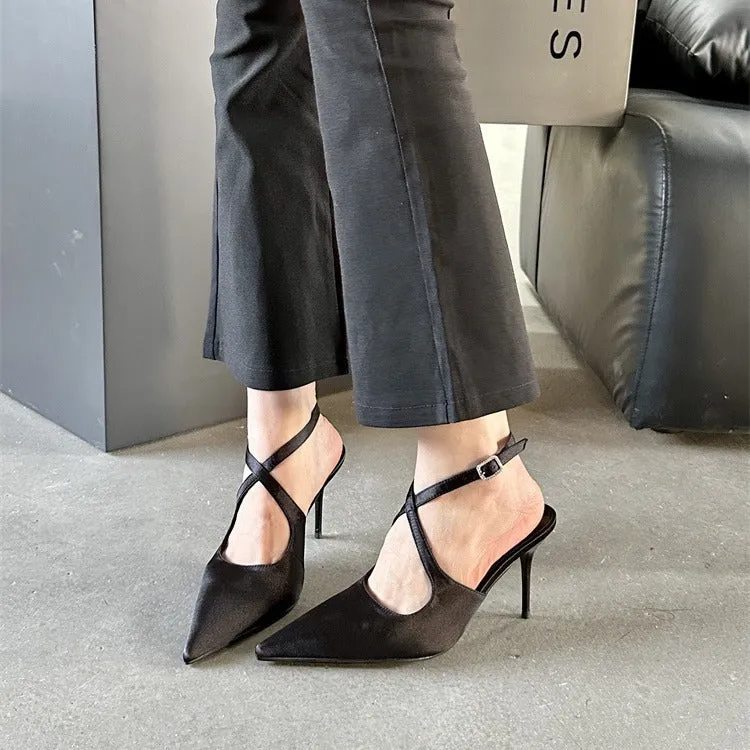 Satin Pointed Toe Adjustable Ankle Cross Strap High Heels