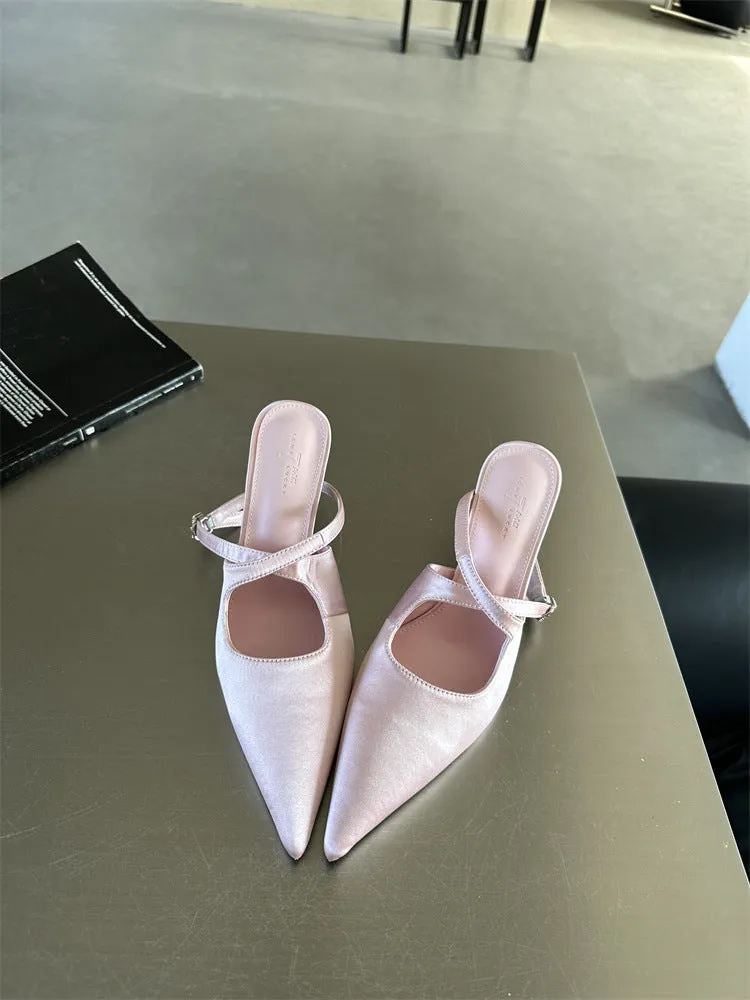 Satin Pointed Toe Adjustable Ankle Cross Strap High Heels