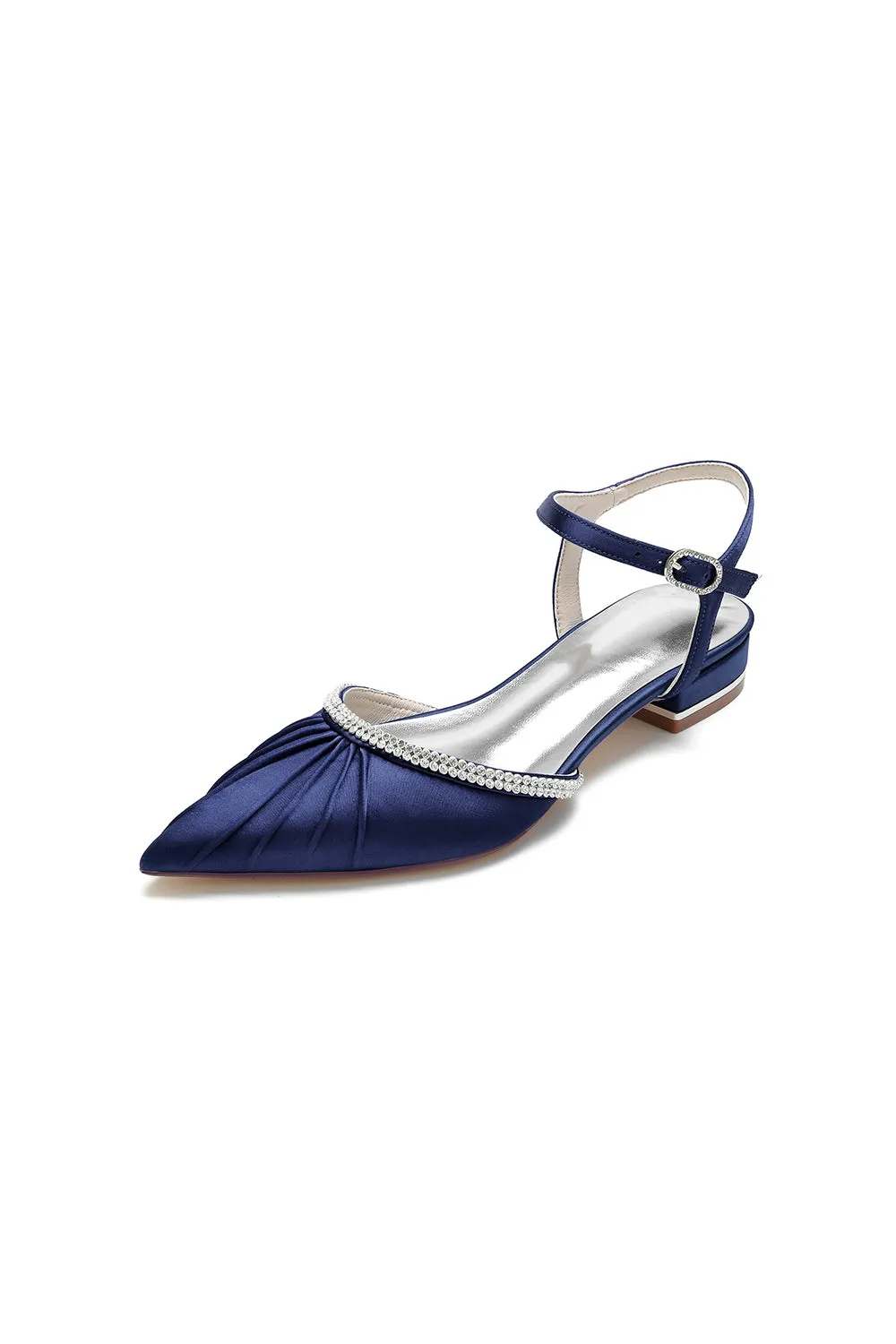 Satin Pointed Toe Beaded Buckle Kitten Heels