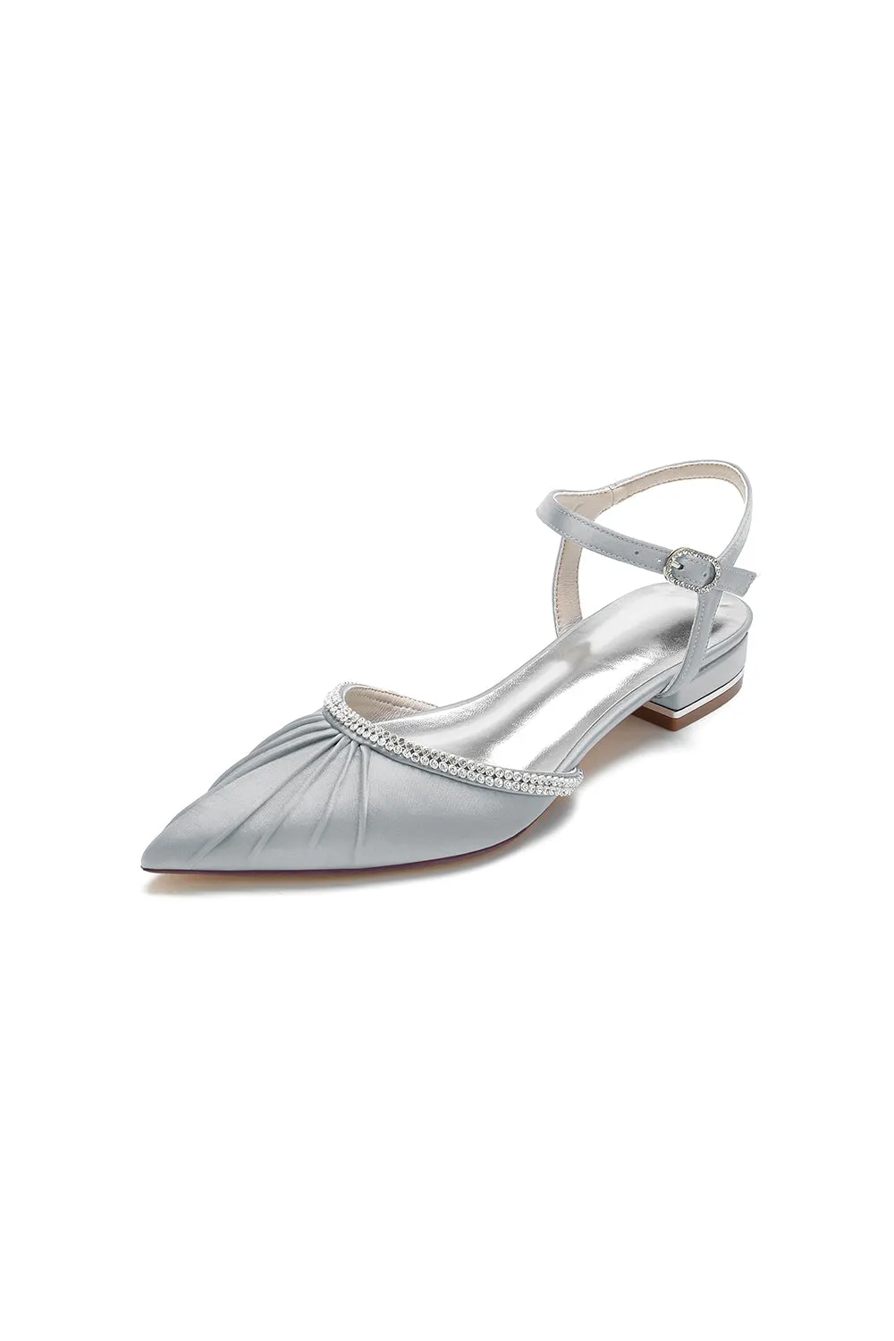 Satin Pointed Toe Beaded Buckle Kitten Heels