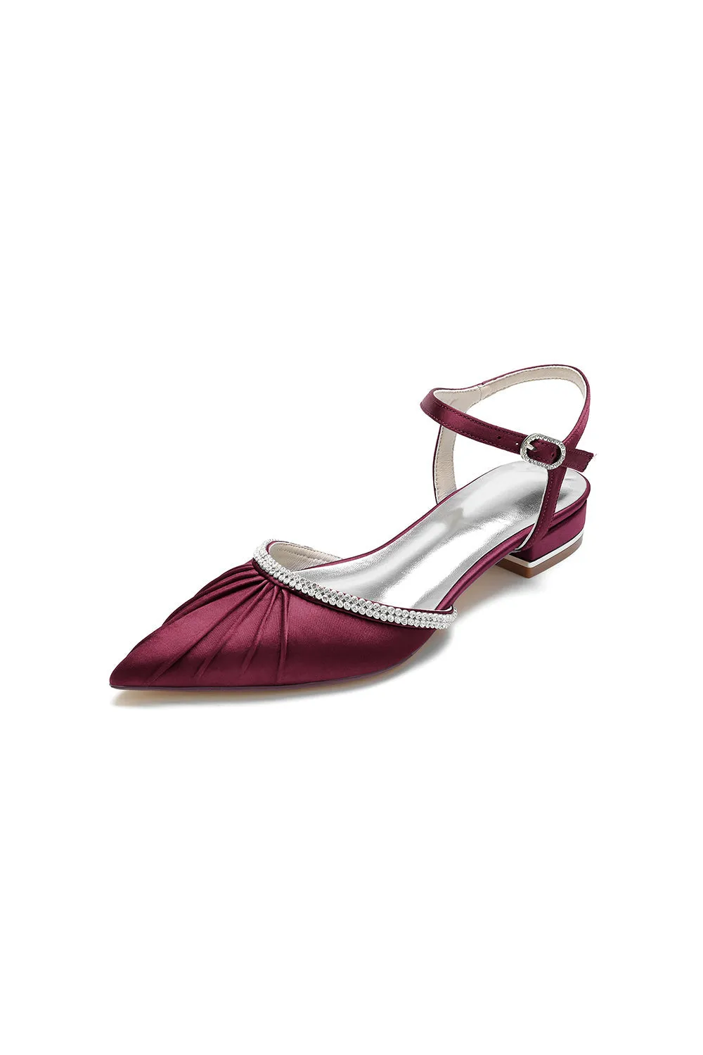 Satin Pointed Toe Beaded Buckle Kitten Heels