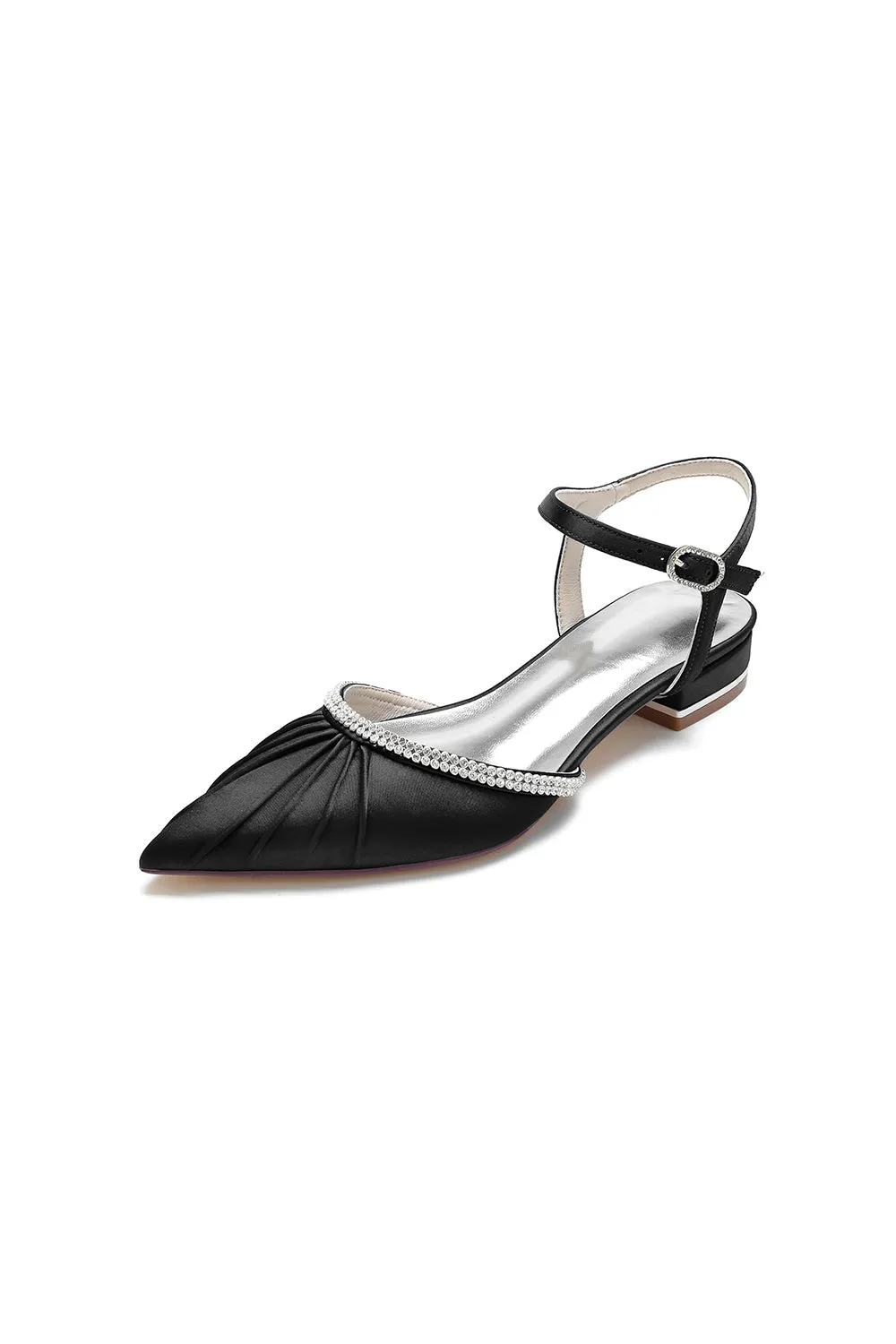 Satin Pointed Toe Beaded Buckle Kitten Heels