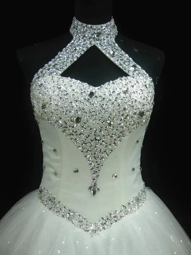 Sexy Halter White Lace Wedding Dress At Bling Brides Bouquet - Online Bridal Store
