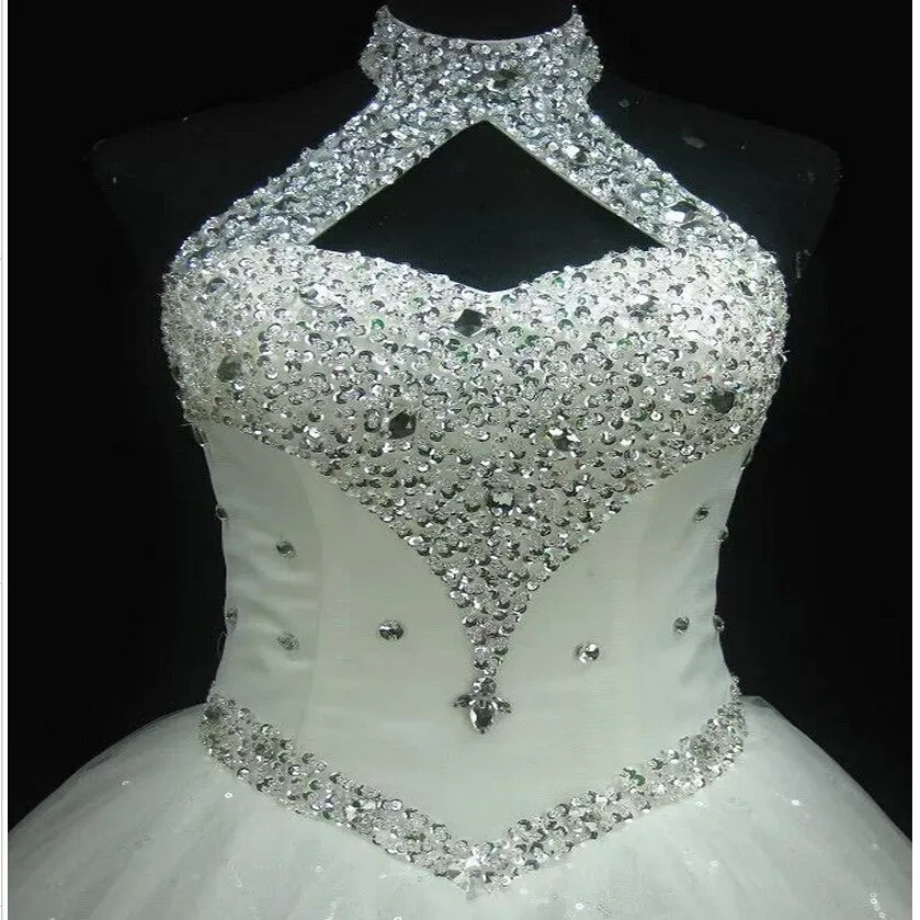 Sexy Halter White Lace Wedding Dress At Bling Brides Bouquet - Online Bridal Store