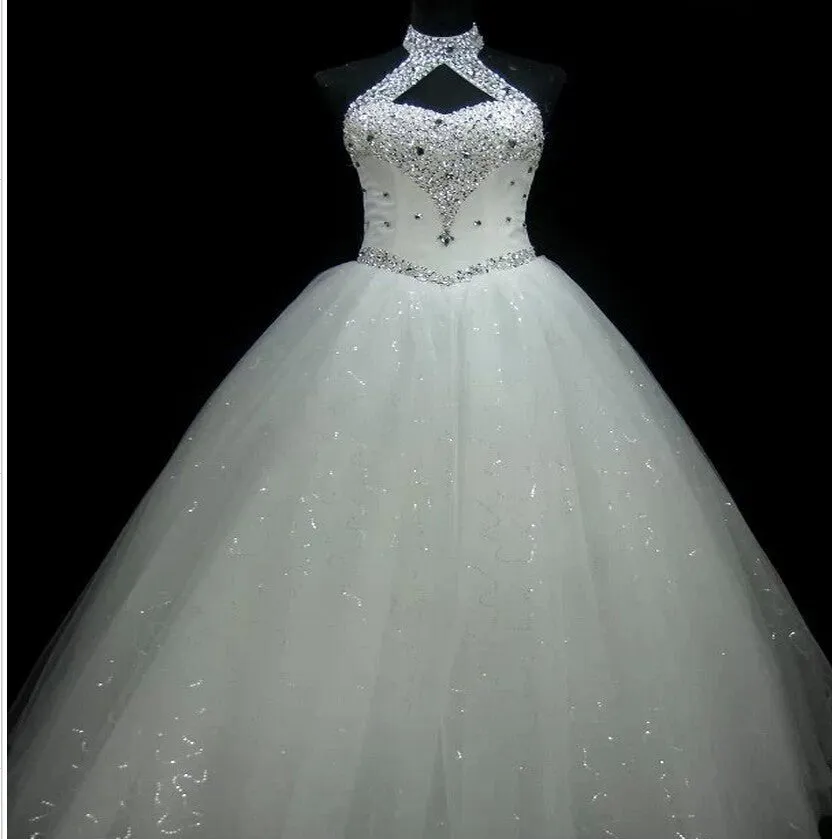 Sexy Halter White Lace Wedding Dress At Bling Brides Bouquet - Online Bridal Store