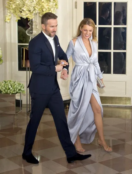 Silver Blake Lively Long Sleeves Dress V Neck Prom Celebrity Formal Dress White House State Dinner