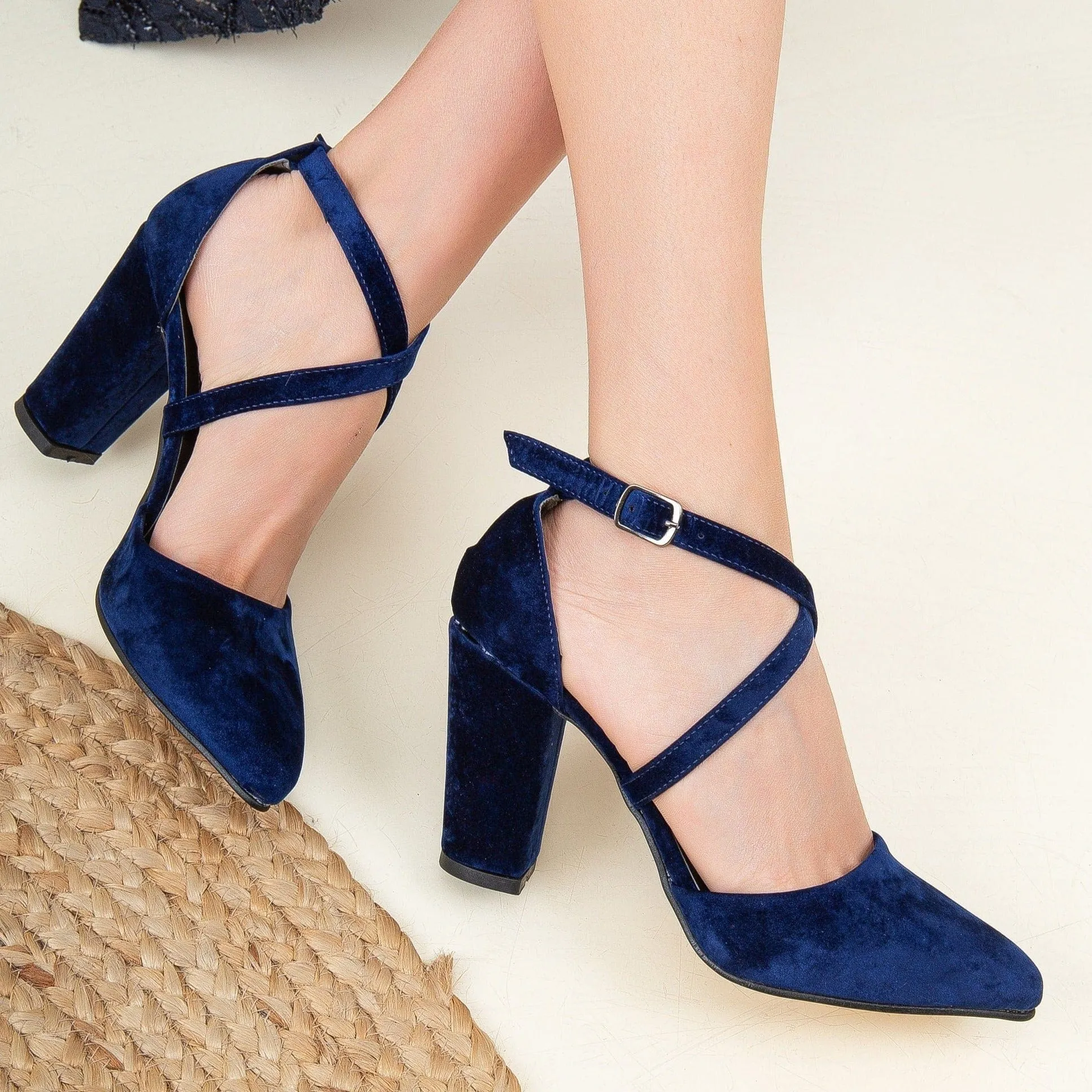 Sina Vegan Velvet Criss Cross Heels | Blue