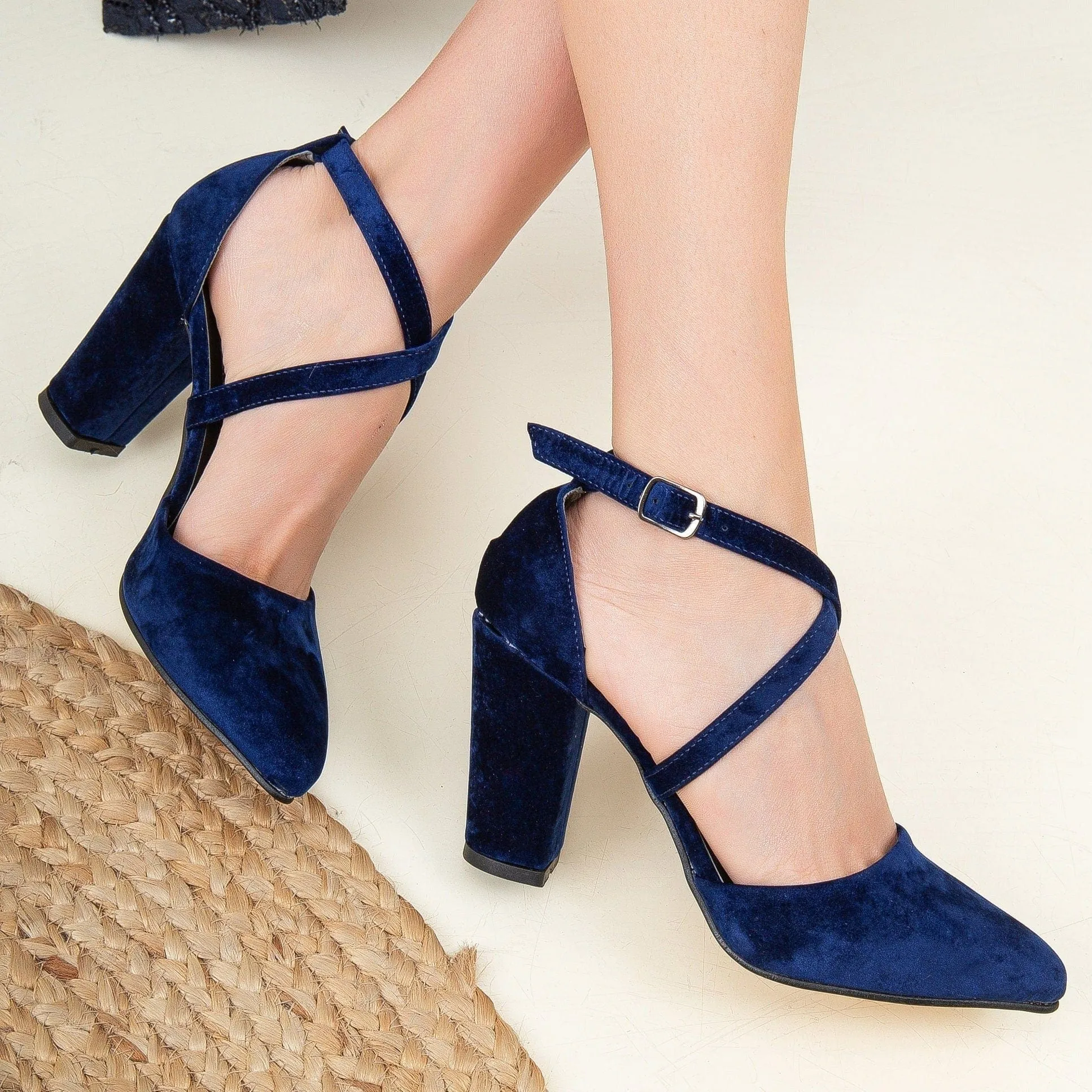 Sina Vegan Velvet Criss Cross Heels | Blue