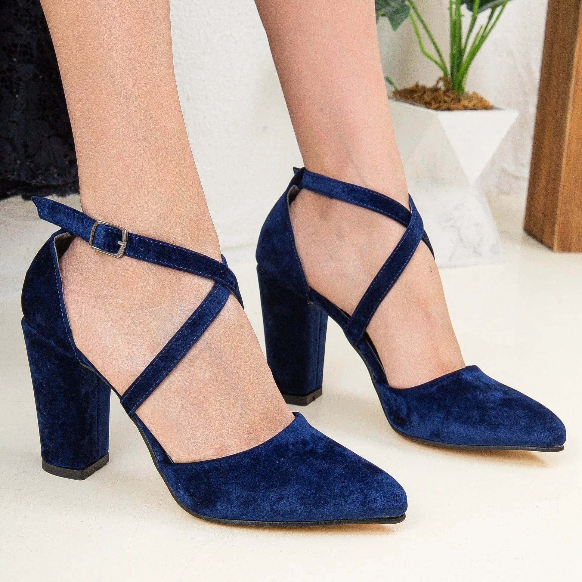 Sina Vegan Velvet Criss Cross Heels | Blue