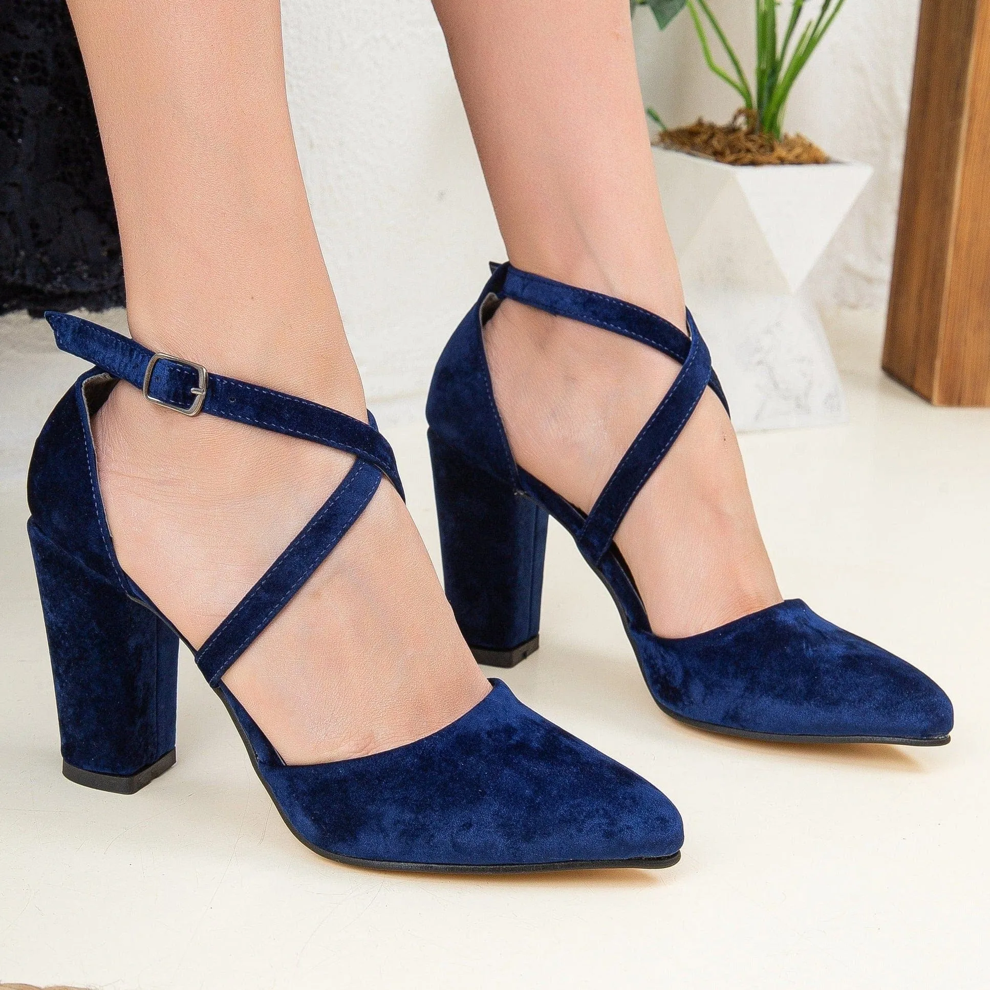 Sina Vegan Velvet Criss Cross Heels | Blue