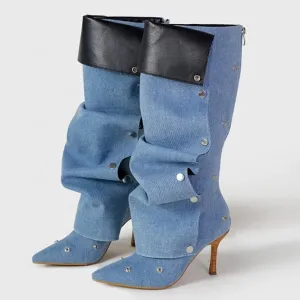 Slouched Denim Rivet pointy toe Boots