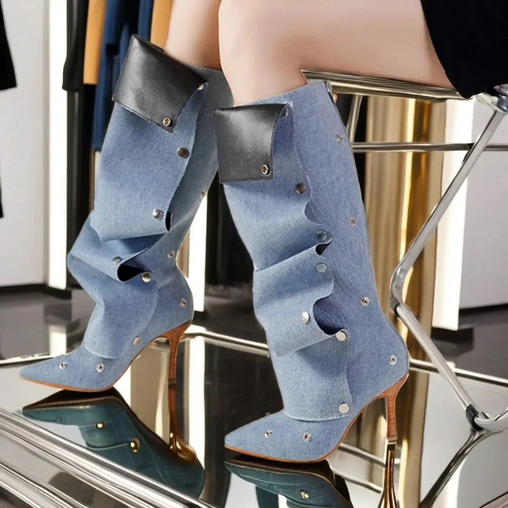 Slouched Denim Rivet pointy toe Boots