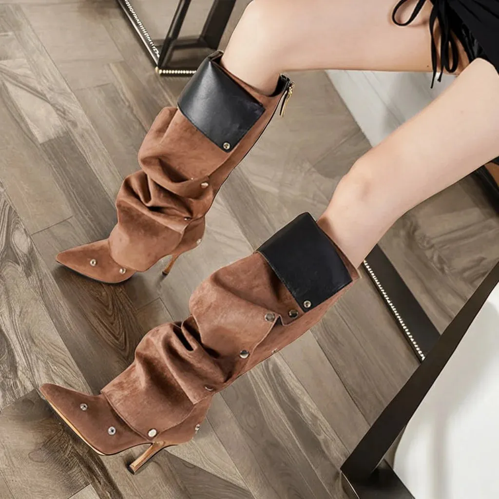 Slouched Denim Rivet pointy toe Boots