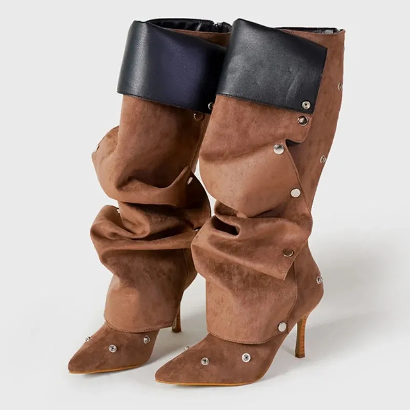 Slouched Denim Rivet pointy toe Boots