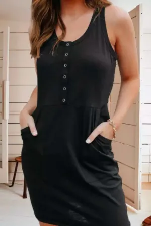 Snap Button Scoop Neck
 Pocket Sleeveless Mini Dress 
In Black