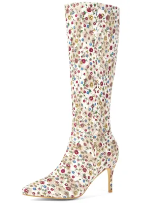 Sparkle Glitter Sequin Lace Stiletto Heel Knee High Boots for Women