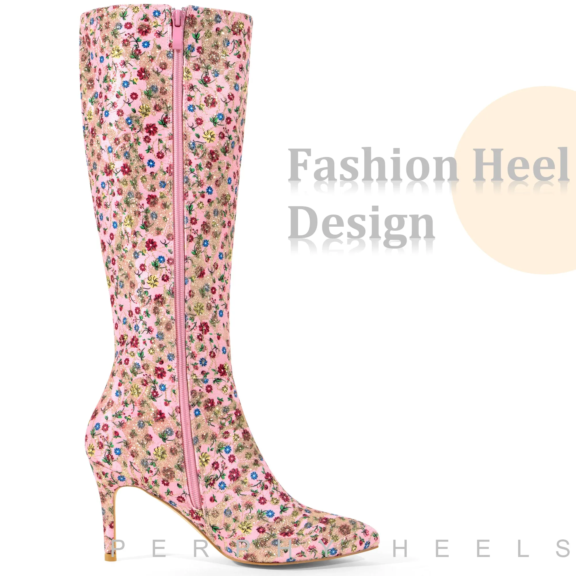 Sparkle Glitter Sequin Lace Stiletto Heel Knee High Boots for Women