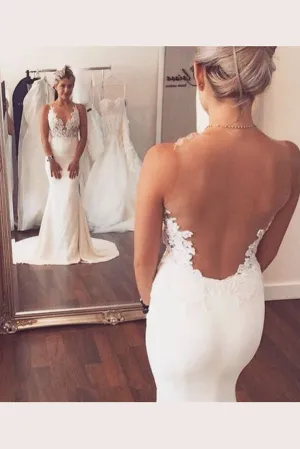 Sweetheart Spaghetti Sheer Back Wedding Dresses,Trumpet Sweep Train Wedding Gown,SW69