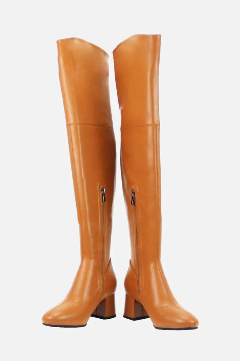 Sybella Block Heel Knee High Boots in Tan