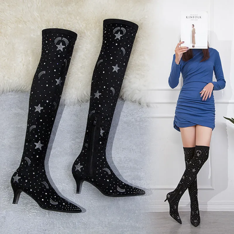 Tillbuy Starry Sky Over Knee Boots